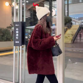 大码微胖穿搭上衣2025年春秋季新款酒红色圆领宽松羊羔毛外套女装