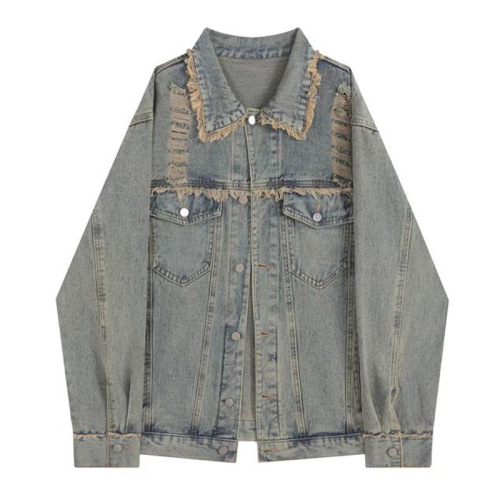 Retro raw edge distressed denim jacket for women spring and autumn loose casual versatile workwear long-sleeved jacket top trendy ins