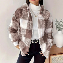 亚马逊跨境秋冬新款毛绒卫衣欧美宽松休闲连帽百搭格纹女装外套