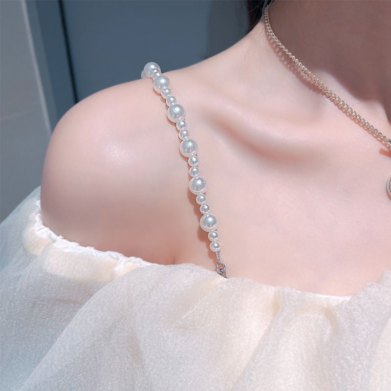 Crystal Adjustable Strap Dress with Detachable Bra Straps, Transparent Invisible Shoulder Straps Exposed with Pearl Chain Decoration