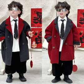 男童宝宝韩版连帽毛呢大衣2024冬季新款中小童圣诞新年中长款外套