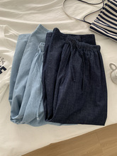 松弛感宽松垂感轻薄普洗蓝棉麻牛仔裤女韩系复古直筒显瘦阔腿裤