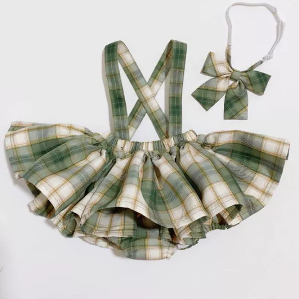 Green skirt, safe trousers, bow tie