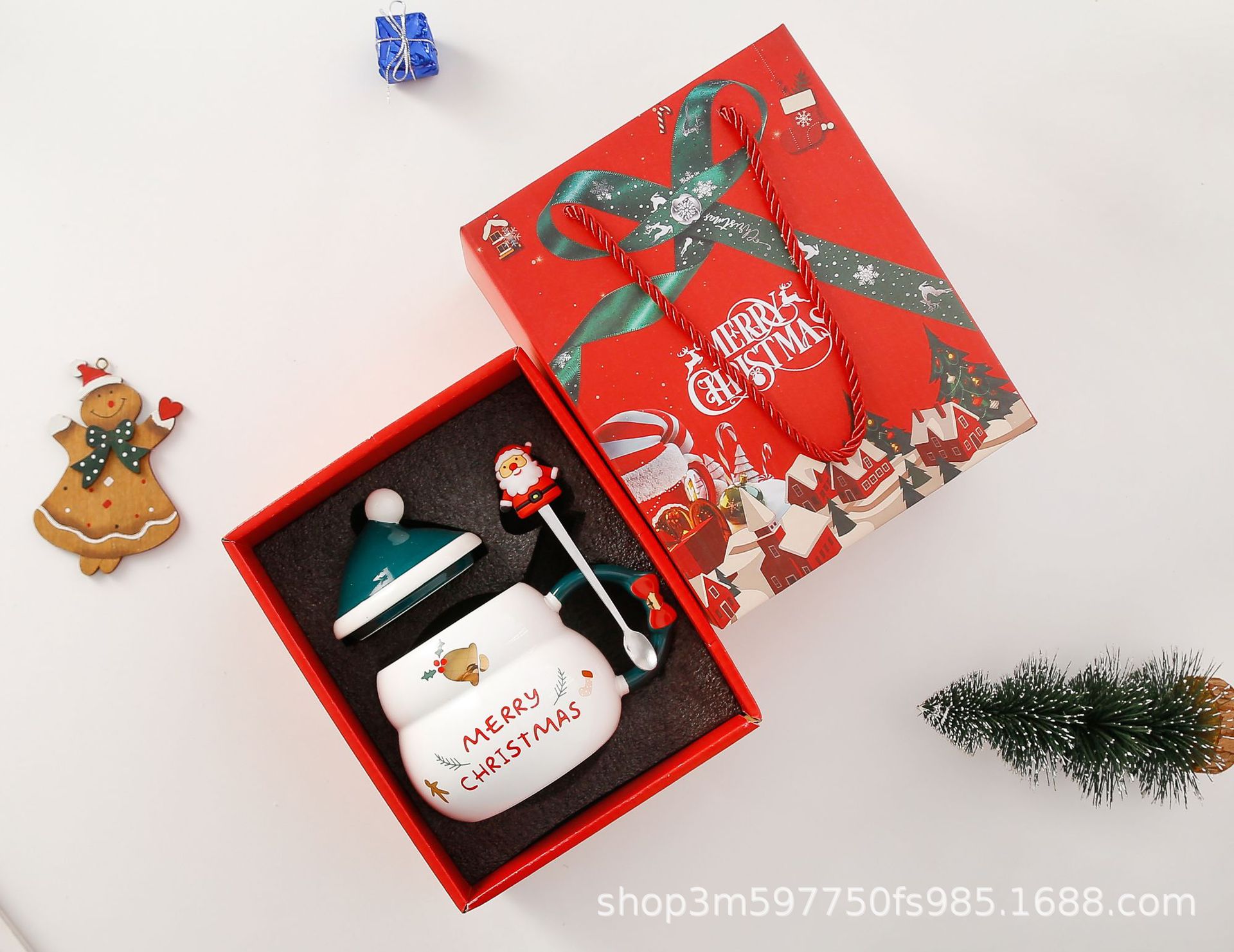 Taza de cerámica de Navidad creativa con tapa cuchara nuevo transfronterizo de dibujos animados de Santa Claus taza de agua taza de regalo caja de regalo