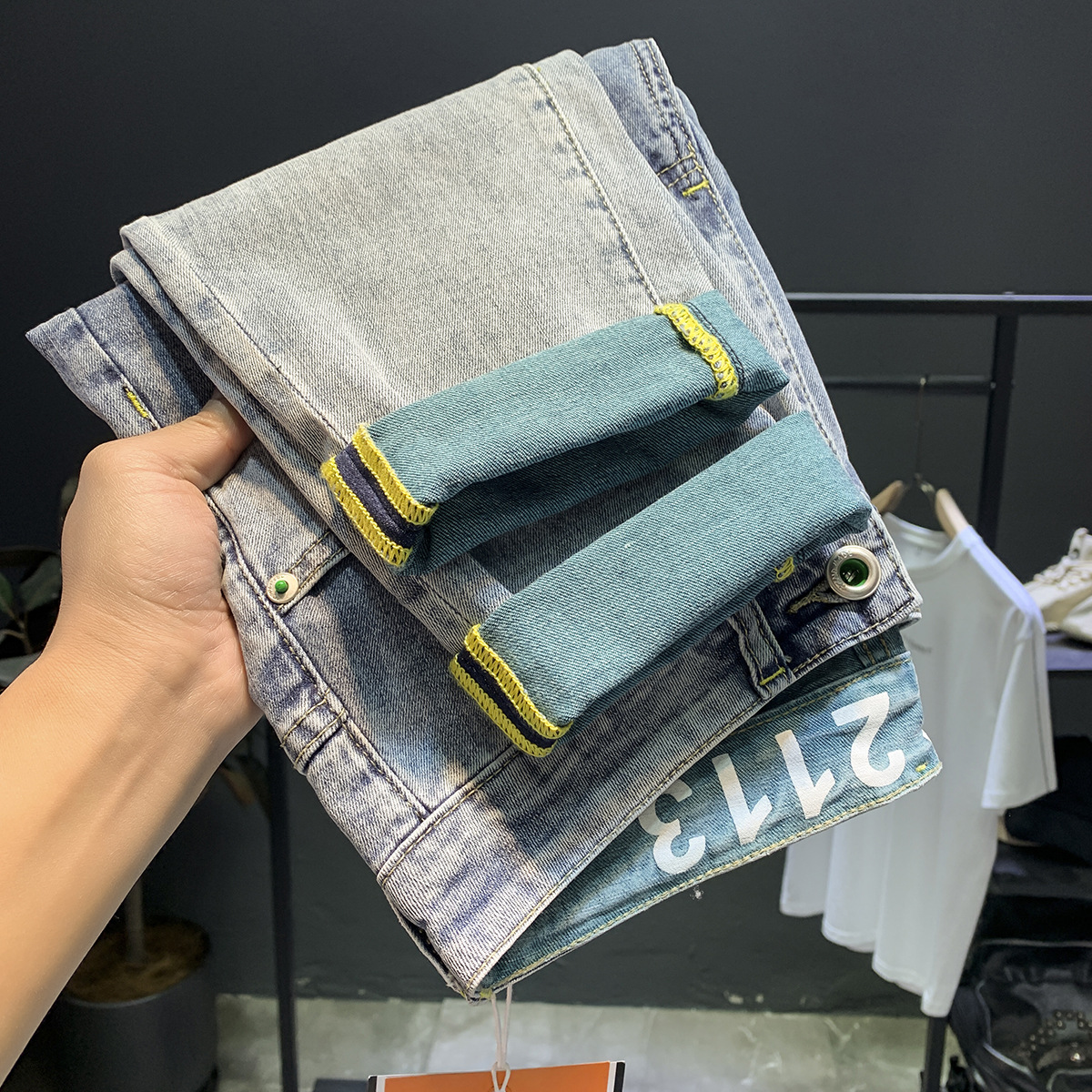 Jean délavé haut de gamme pour hommes, nouvelle marque tendance, élastique, fuselé, polyvalent, coupe ajustée, épais, printemps et automne_voghion.com
