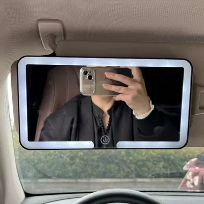In-car makeup mirror with light, Sun visor rearview mirror - black-led-car-makeup-mirror-stepless-dimming-three-color-lighting-instant-illumination-with-one-touch