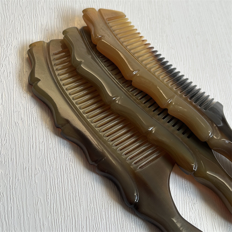Horn Comb with Bamboo Joint Handle Hand Carved Fine Teeth Guasha Meridian Massage Comb 20cm in use