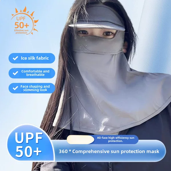 Summer Ear-Hook Style Neck Protection Hat with Integrated Brim, Full Face Sun Protection Mask, Uv Protection, Ice Silk Breathable Sunshade