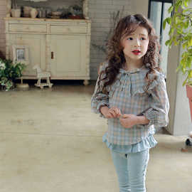 2025春款草莓珊新品韩版儿童女孩淑女格子衫长袖娃娃领上衣春季