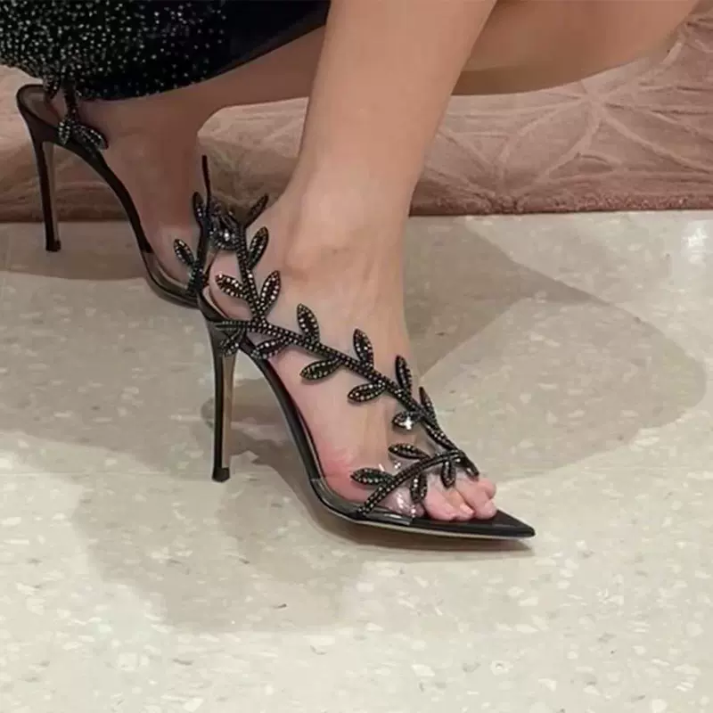 厂家直供尖头水钻叶子细跟凉鞋2024年秋季新款气质时尚跨境高跟鞋