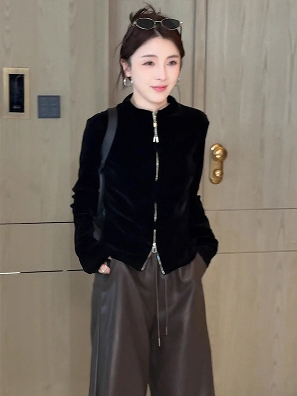 黑色双拉链丝绒长袖开衫外套女2025年秋季新款显瘦打底衫立领上衣|undefined