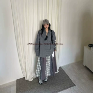 韩系复古格纹衬衫女宽松落肩翻领口袋休闲多色棉质长袖开衫上衣
