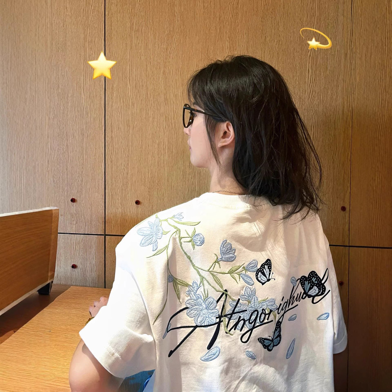 Floral Butterfly Embroidery Trendy Brand Short-Sleeve T-Shirt for Women, New Summer Design, Niche Loose-Fitting Half-Sleeve High-End Top Floral Butterfly Embroidery Trendy Brand Short-Sleeve T-Shirt for Women, New Summer Design, Niche Loose-Fitting Half-Sleeve High-End Top