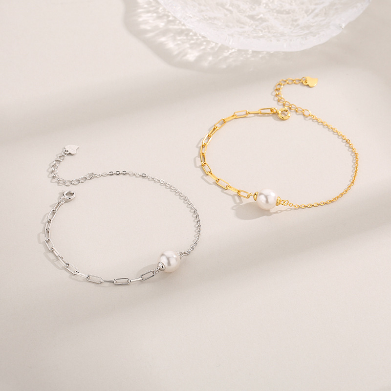 s925 sterling silver baroque stitching paper clip bracelet Women's Light luxury ins fashion diy pearl bracelet non-fading