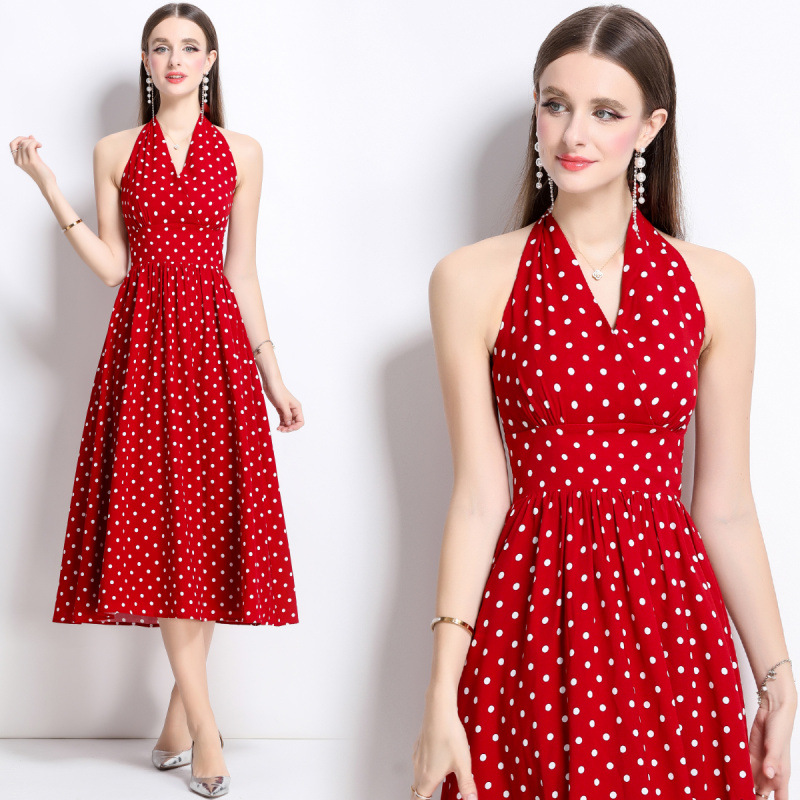 Đầm maxi cổ chữ V chấm bi đỏ phong cách Hồng Kông cổ điển, váy dài kiểu Pháp — Màu đen, Màu xanh lam, Màu trắng, Màu vàng