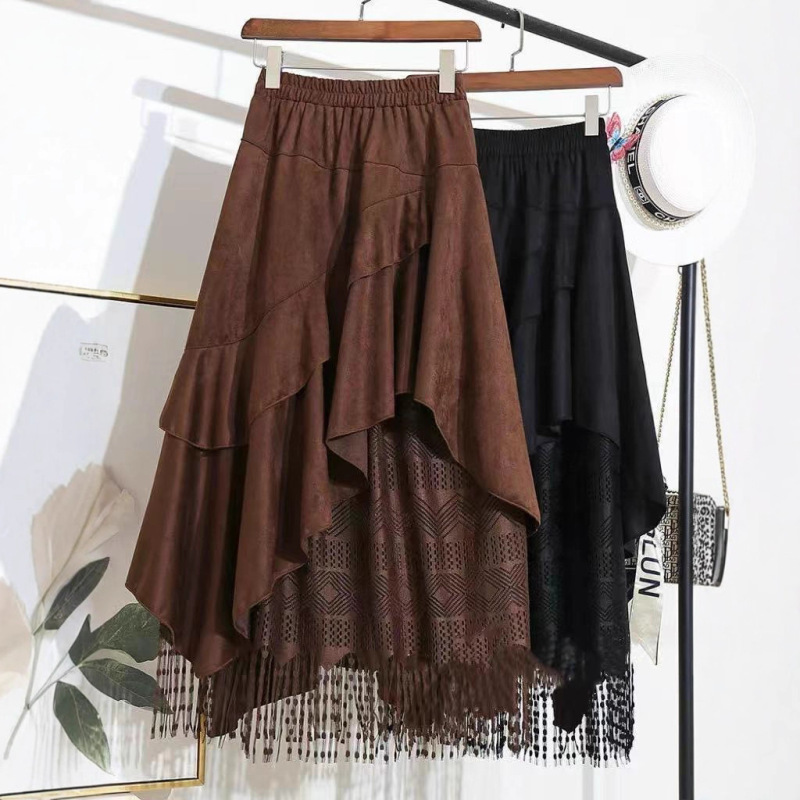 Retro Suede Lace Splicing Skirt for Women Autumn and Winter 2025 New Style Asymmetrical Ruffled Skirt Mid-Length Skirt