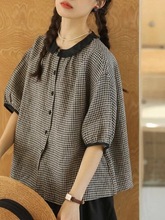 日系棉麻格子短袖衬衫女2025夏季森系文艺撞色娃娃领减龄宽松衬衣