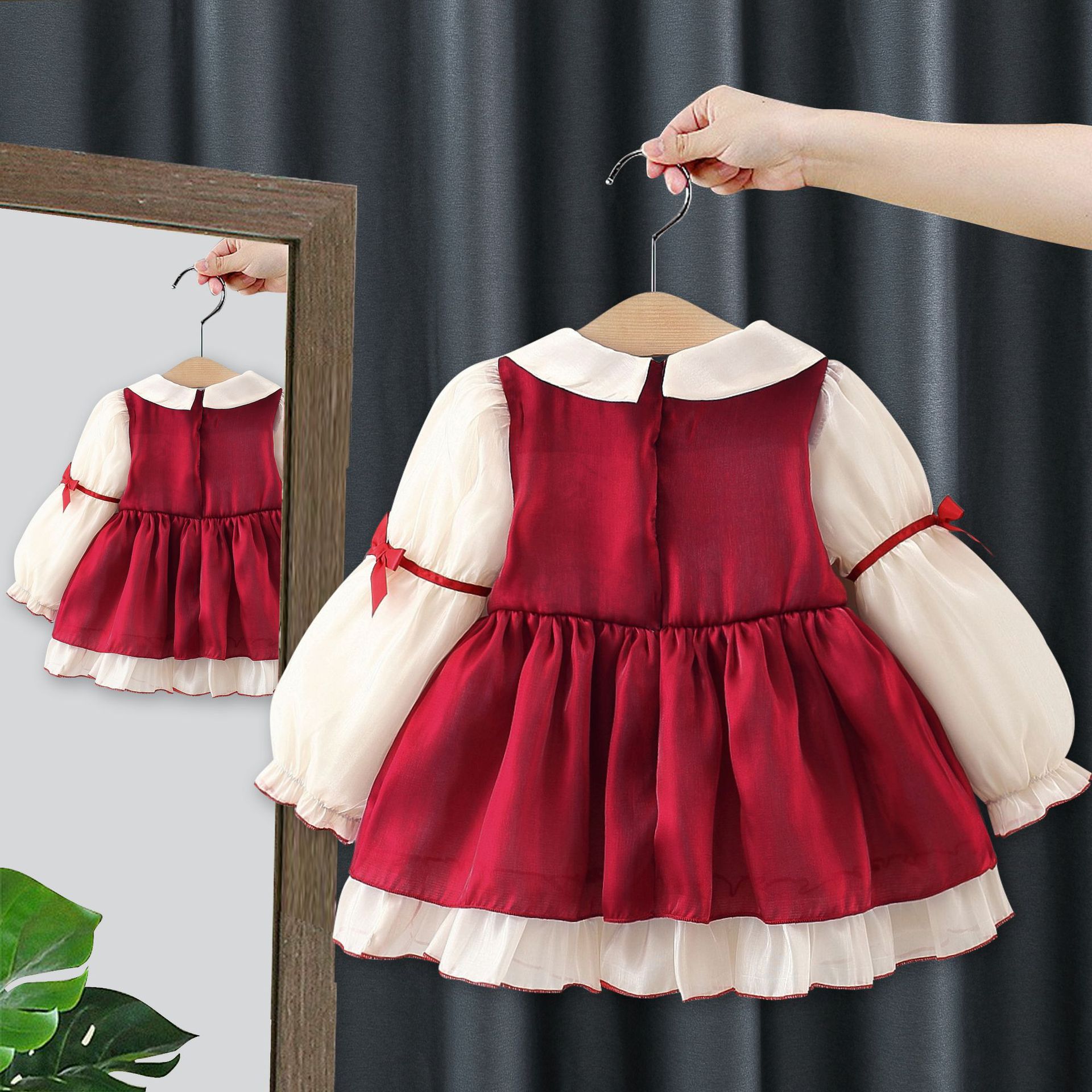 Robe de princesse élégante pour petites filles, nouveau style d'automne, jupe à manches longues en dentelle épissée pour enfants 4873_voghion.com