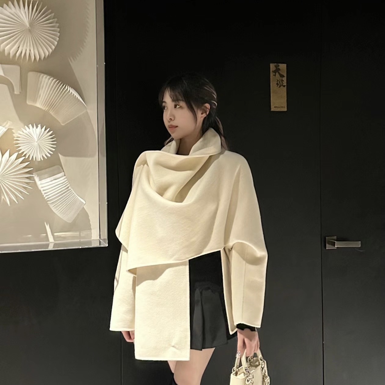 그레이 양면 울 스카프 케이프 코트 여성용 짧은 양면 울 숄 코트
