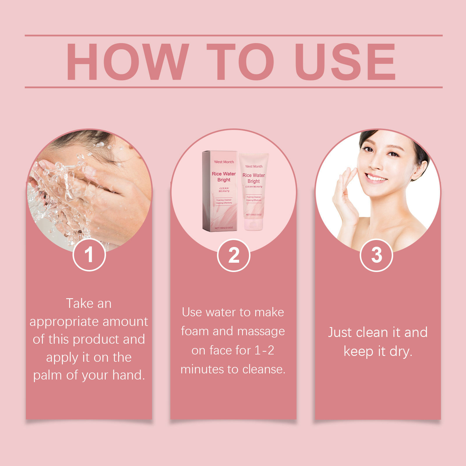 Description Picture 4 of itemRice Water Face Cleanser Remove Dirt Purifying Pores Fading Spots Oil Control Soft Brightening Moisturizing Foaming Facial Wash