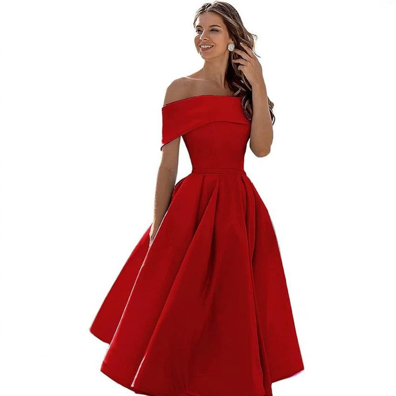 2026 Wholesale Cross-Border Amazon Satin Evening Dress Mid-Length Summer Homecoming Season New Red Dress 2026 Wholesale Cross-Border Amazon Satin Evening Dress Mid-Length Summer Homecoming Season New Red Dress