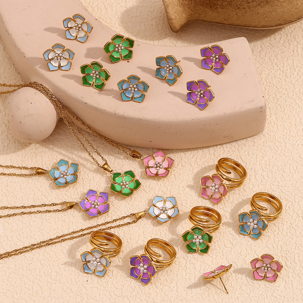 Pearl Colored Drop Oil Petal Necklace Earrings Ring Sets