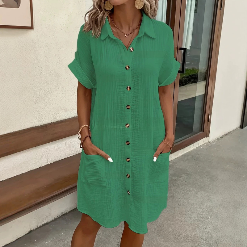 Cross-Border Women's Cardigan Dress European and American Amazon New Summer Style Short-Sleeved Solid Color Lapel Single-Breasted Long Dress