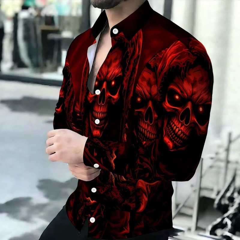 Amazon cross-border European and American Halloween dark-themed fun digital print comfortable fit party men's long-sleeve shirt
