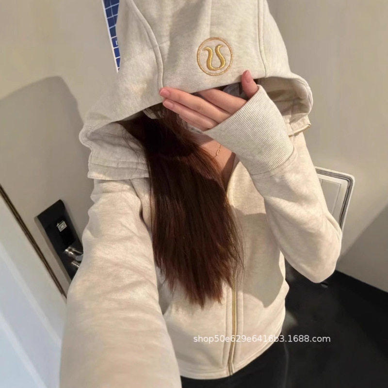 Lulu Same Style Scuba Gold Label Embroidered Slim Hooded Cardigan Sweatshirt New Autumn and Winter Thin Velvet Jacket Women's Top