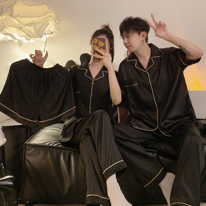 2024 nuevo conjunto de pijamas de pareja de tres piezas para hombres y mujeres de verano seda de hielo alta sensación de manga corta conjunto de ropa de casa de verano