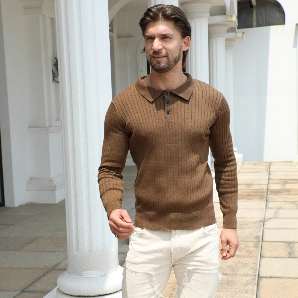 2025 Polo Collar Knitwear Men's Long-Sleeved Slim Fit Inner Layering Shirt Autumn and Winter Pullover Elegant Lapel Knitwear