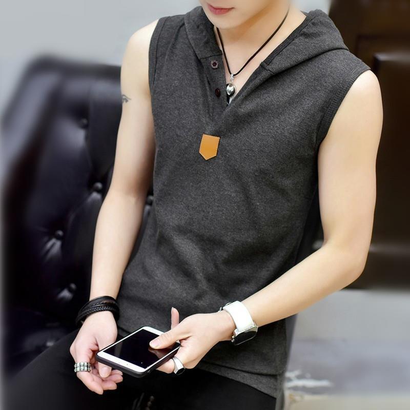T-shirt men's summer hooded sleeveless vest Korean sports fitness men's T-shirt fashion brand stretch slim shirt T-shirt men's summer hooded sleeveless vest Korean sports fitness men's T-shirt fashion brand stretch slim shirt