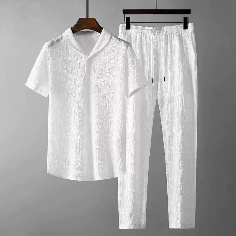 Silk set, summer thin fashionable sports suit for leisure, trousers, with short sleeve, light luxury style