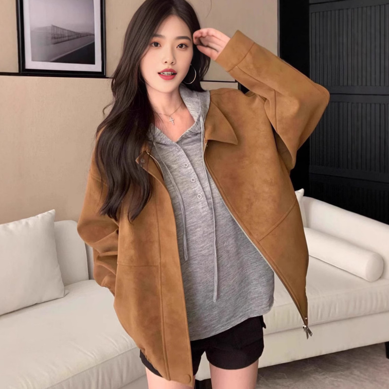 美拉德复古宽松翻领休闲百搭显瘦皮绒夹克女秋季休闲机车外套上衣|undefined