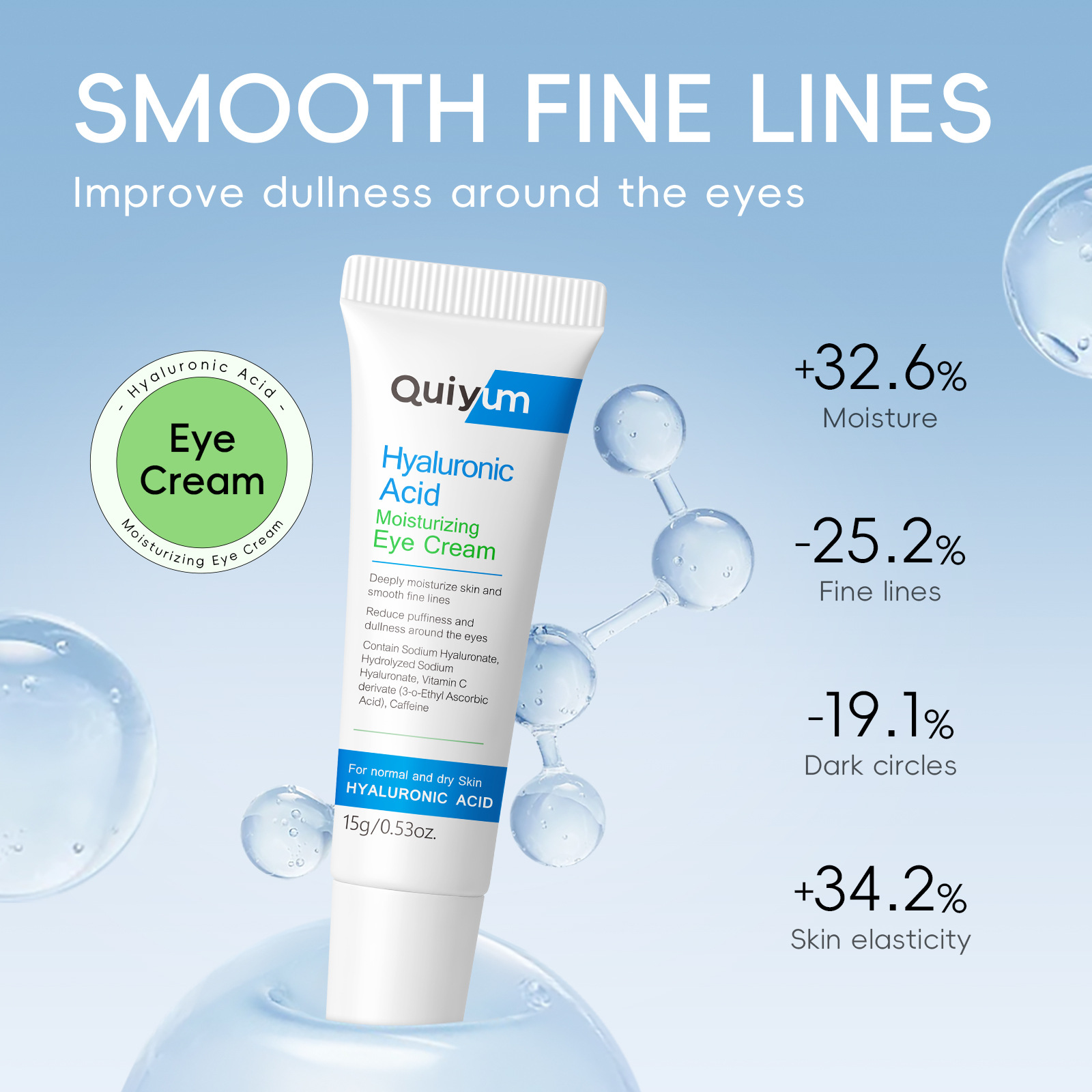 Cross-border QUIYUM Hyaluronic Acid Eye Cream 15g hydrating, moisturizing and brightening skin tone manufacturer's skin care products wholesale Item Picture