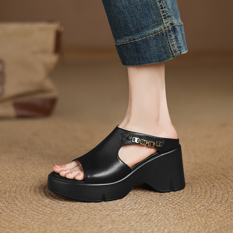 Dép sandal quai ngang nữ đế xuồng da bò mũi vuông hở mũi gót dày — đen