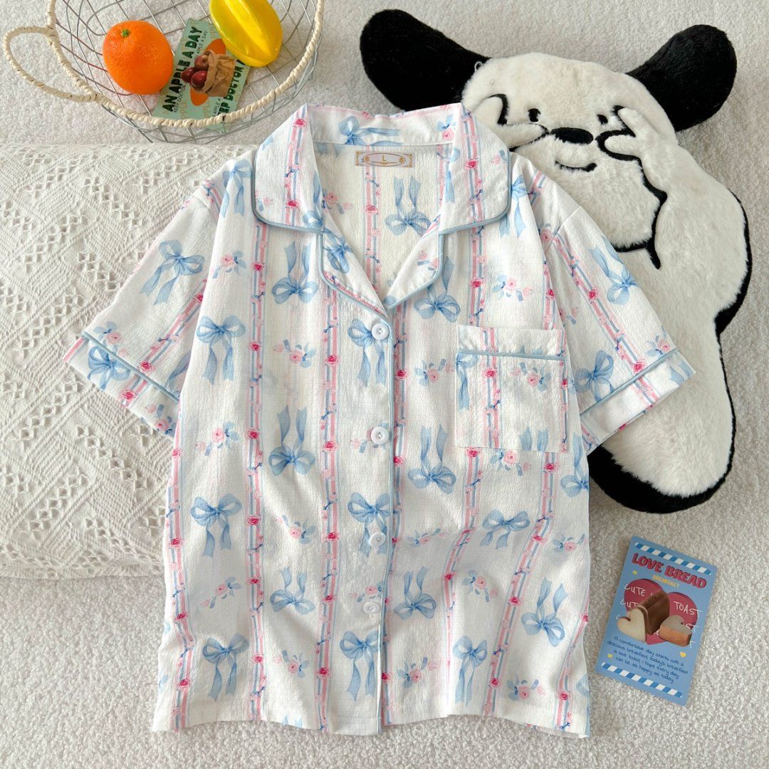 Pijamas al por mayor transfronterizos traje de verano para mujer cárdigan de solapa dulce pantalones cortos delgados de manga corta ropa de hogar de espuma para estudiantes