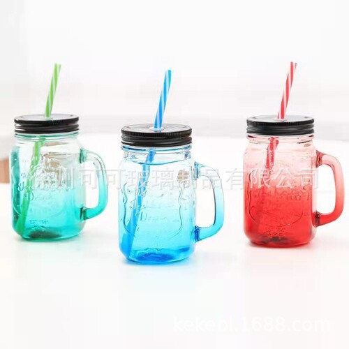 Frosted juice rooster cup gradient color letter glass transparent straw with lid cold drink handle mason cup