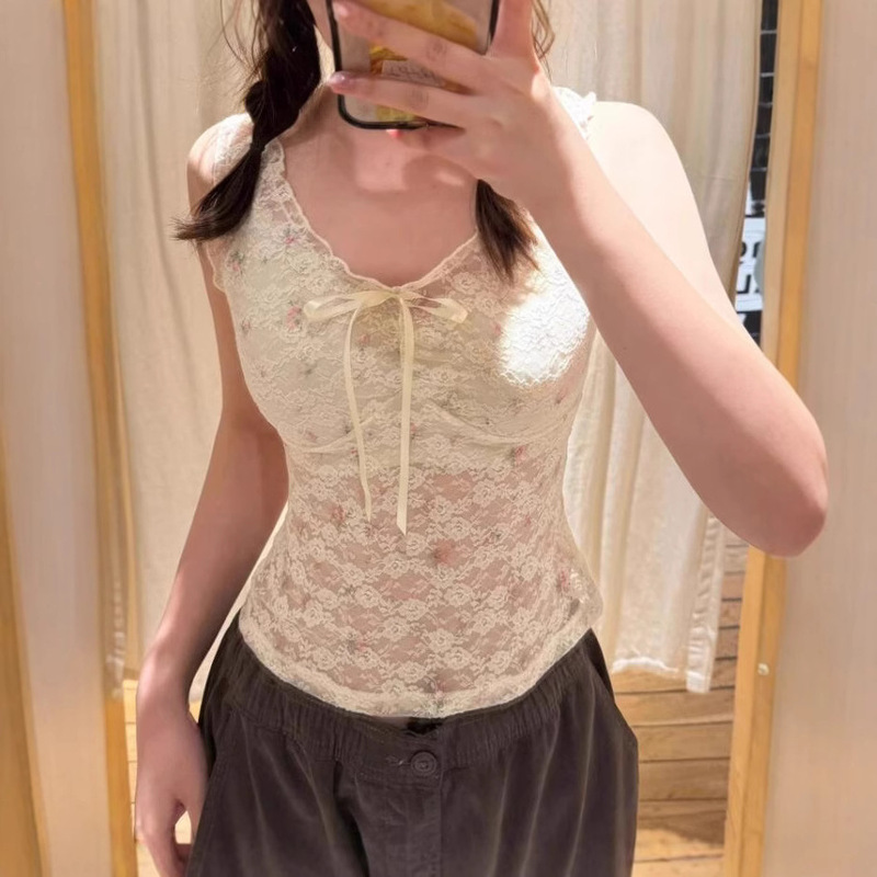 Bm New American Retro Floral Lace Ruffle Camisole Bm Pure Desire Lace-Up V-Neck Sleeveless Top for Women