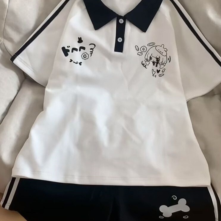 Summer New Style Polo Collar Sports Casual Cute Versatile Japanese Style Black and White Short-Sleeved T-Shirt Women's Summer Top