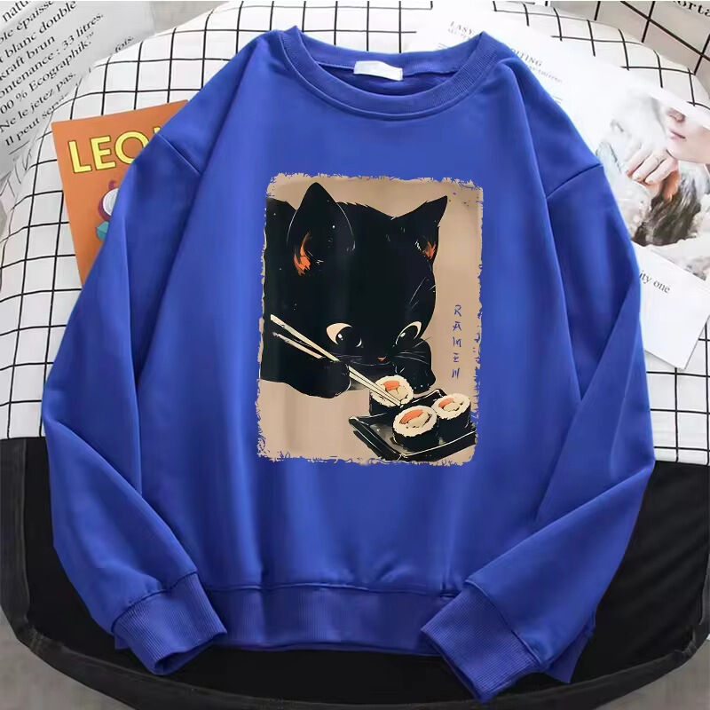 Cute Retro Japanese Style Cat Eating Sushi Women's Sweatshirt Warm Wool Sweatshirt Soft O-Neck Pullover Cute Retro Japanese Style Cat Eating Sushi Women's Sweatshirt Warm Wool Sweatshirt Soft O-Neck Pullover