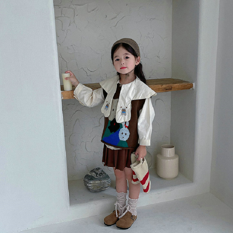 女童套装卡通兔毛线背心加大领子衬衫半身裙25秋冬装新款三件套