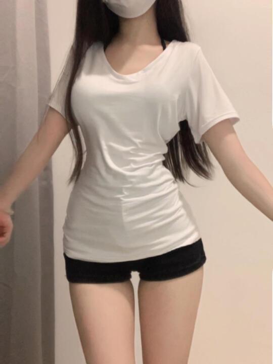 純綿ホワイトベーシックショルダーVネック半袖Tシャツレディース夏スリムウエスト痩身お腹カバーホットガールトップトレンディ|undefined