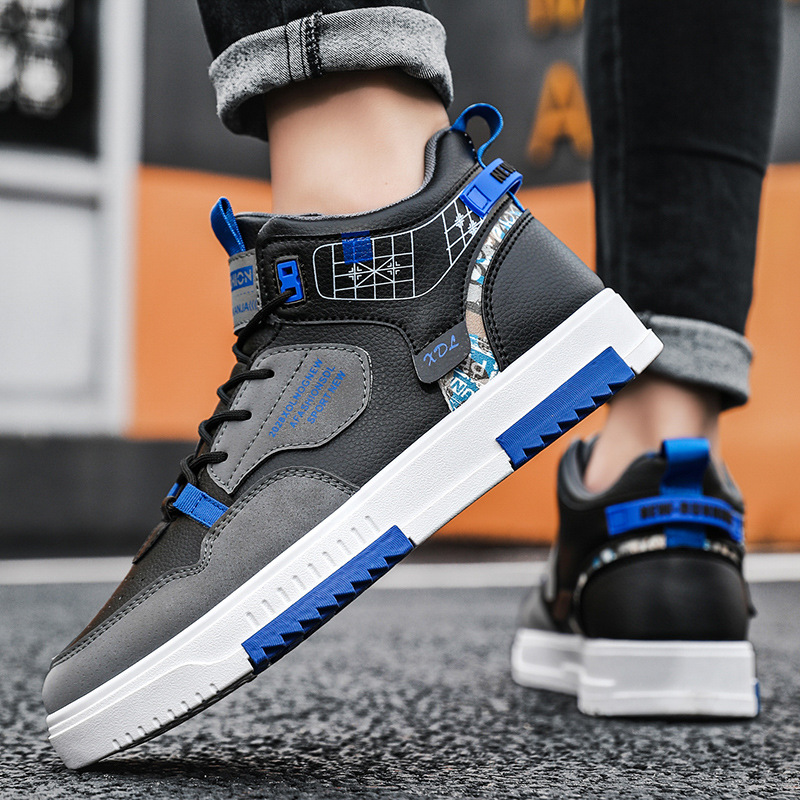 Men's Shoes New Spring High-Top Shoes Men's Trendy Sports Casual Leather Panel Shoes Student Shoes Men's White Trendy Shoes