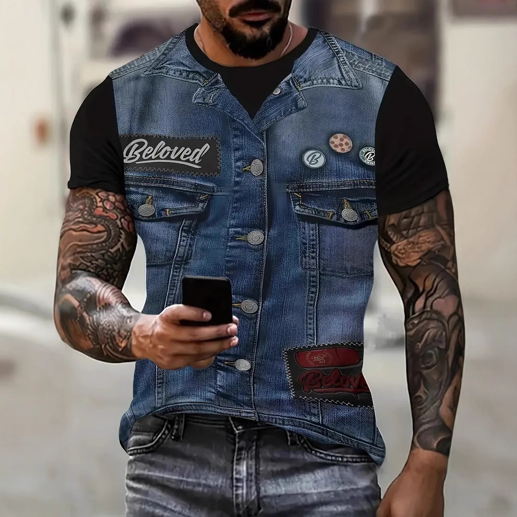 Divertida chaqueta de mezclilla con personalidad estampada en 3D, camiseta casual de cuello redondo de manga corta suelta y transpirable para hombre