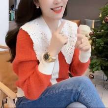 韓系鏤空娃娃領拼色針織開衫女2022秋季新款甜美上衣減齡百搭外套