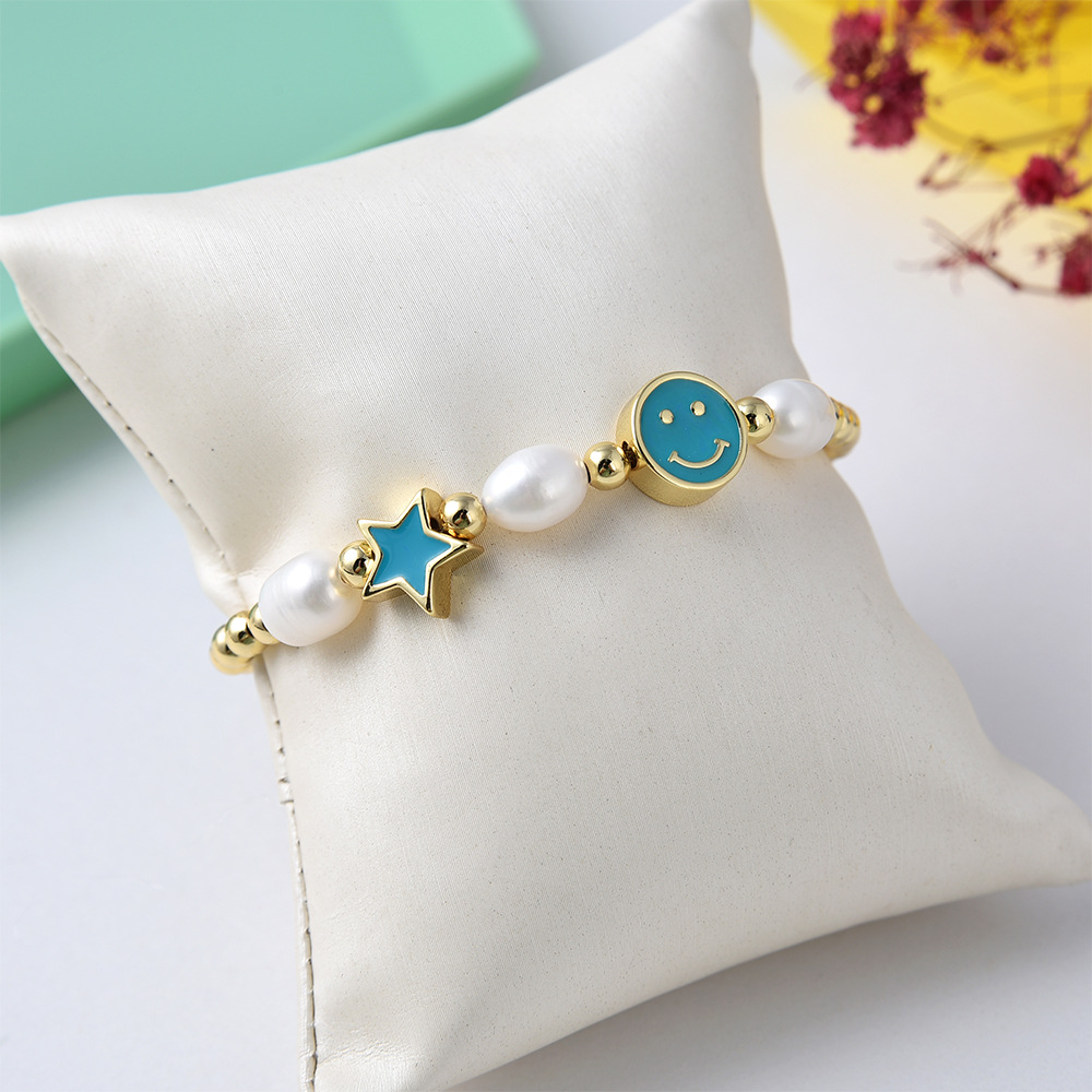1 Piece Fashion Star Smiley Face Freshwater Pearl Metal Handmade Bracelets display picture 6