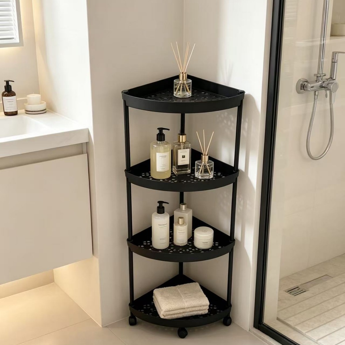 Household Toilet Triangular Shelf, Movable Plastic Corner Shelf for Bathroom, Multi-layer Bathroom Supplies Storage Rack