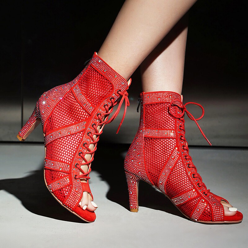 Jazz Dance Lace-Up Mesh Sandals, Red Rhinestone Hollow-Out Sandals, Low-Heeled Peep-Toe Dance Shoes, Latin Dance Large Size Jazz Dance Lace-Up Mesh Sandals, Red Rhinestone Hollow-Out Sandals, Low-Heeled Peep-Toe Dance Shoes, Latin Dance Large Size