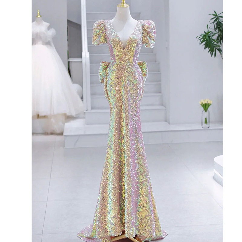 Gradiente vestido de noche las mujeres banquete elegante luz lujo nicho estilo sexy tube Top Celebrity anfitrión cielo estrellado largo image 6